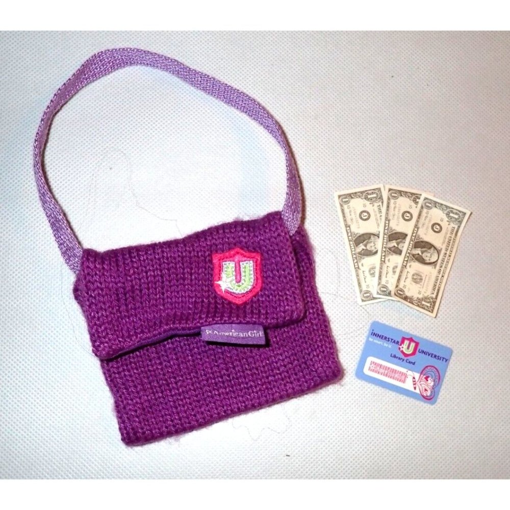 American‎ Girl 18" doll Purple Knit Messenger Bag with ID and pretend money